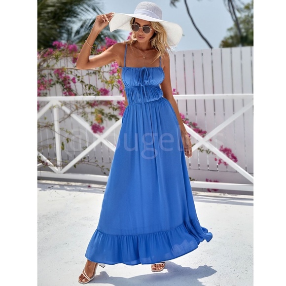 Blue Backless Maxi Dress Flared Tie Straps Ruffle Hem Gathered, Ruched Front - Picture 6 of 12